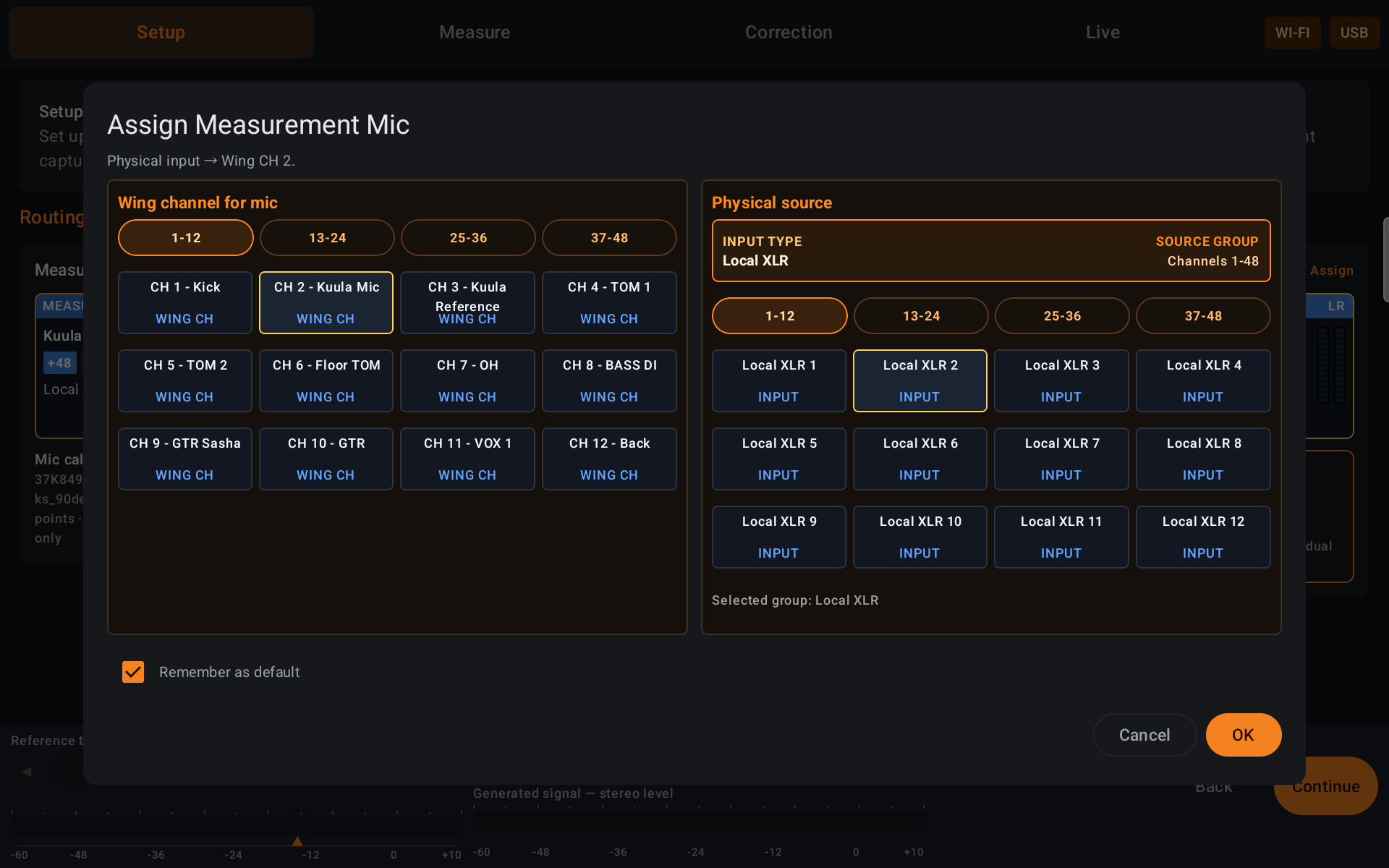 Assign Measurement Mic dialog with WING and physical input routing