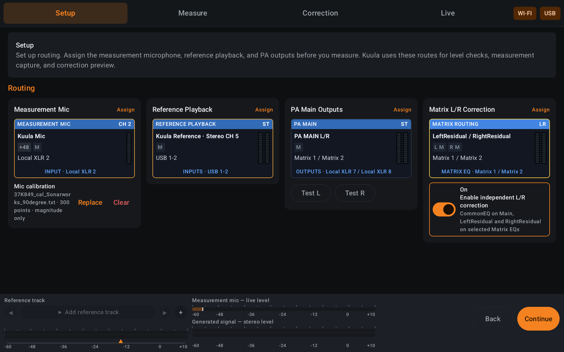 Kuula routing overview for microphone, reference playback, PA outputs, and matrix correction